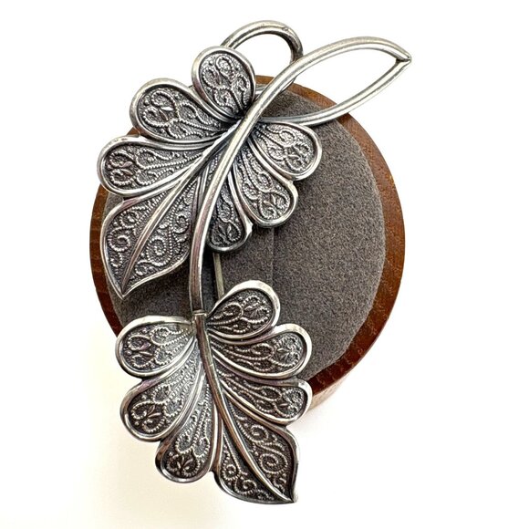 BEAU Sterling Silver 925 Leaf Brooch Scroll Design Pin Size 2.5" Length - Picture 1 of 12
